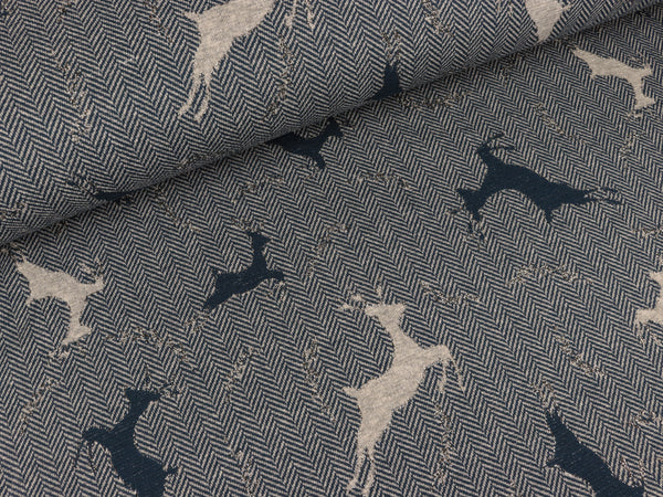 Strickstoff Herringbone Deer dunkelblau-hellgrau Glitzer