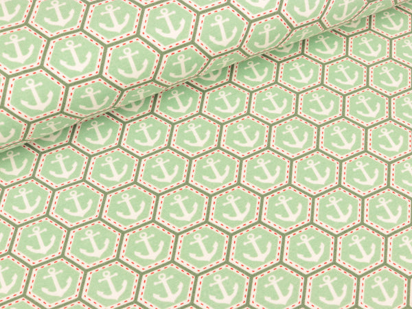 Baumwolljersey Anker im Hexagon mint-weiß by SAM