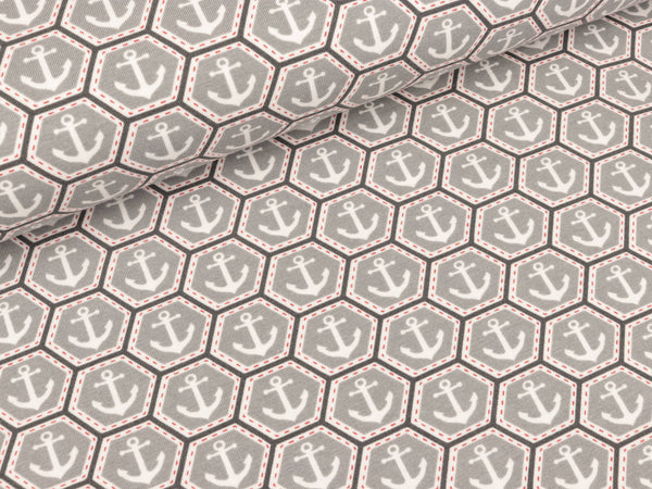 Baumwolljersey Anker im Hexagon grau-weiß by SAM