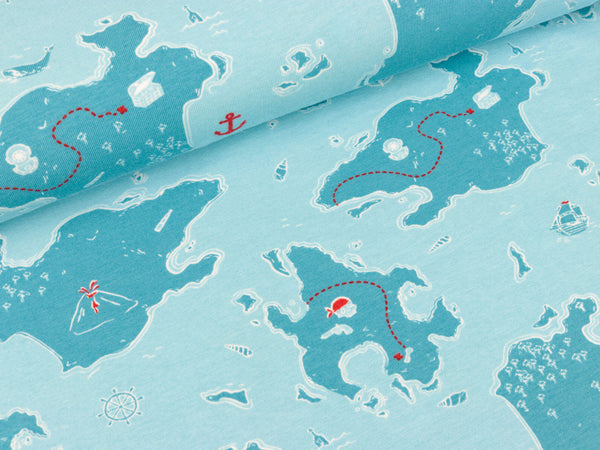 Baumwolljersey Schatzinsel türkis auf Helltürkis by SAM