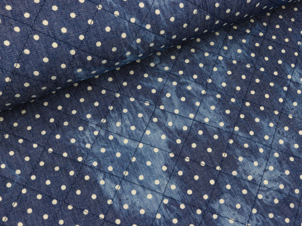 Leichter Steppsweat Punkte weiß auf Jeansblau Batikoptik