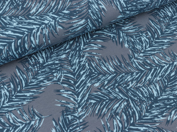 Baumwolljersey Federn blau auf Grau by Petra Laitner