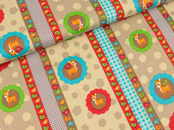 Stenzo Baumwollpopeline Kleine Rehe und Vögelchen bunt auf Beige