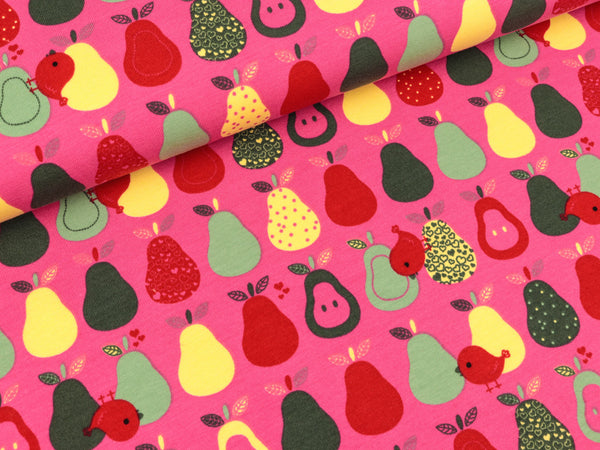 Baumwolljersey Birnen und Vögelchen auf Pink
