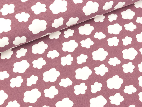Baumwolljersey Wolken weiß auf Mauve