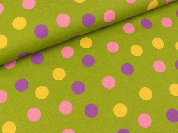 Baumwolljersey Bunte Punkte auf Oliv