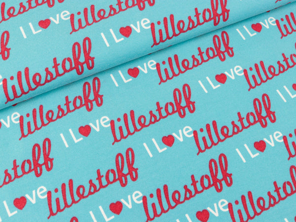 Baumwolljersey I love Lillestoff rot-weiß auf Türkis