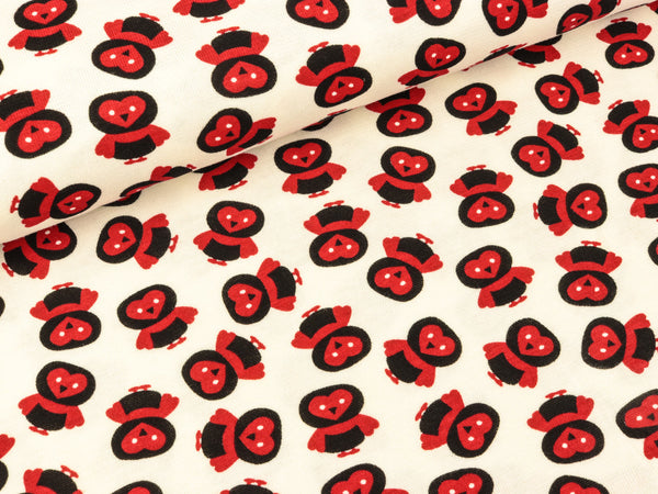 Baumwolljersey Eulen rot-schwarz auf Weiß