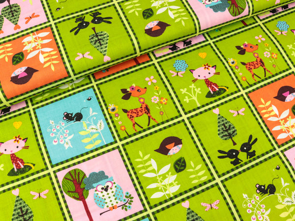 Baumwollstoff Patchworkoptik Tiere grün-bunt