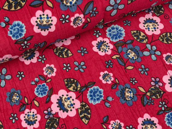 Feincord Blumenkinder bunt auf Fuchsia