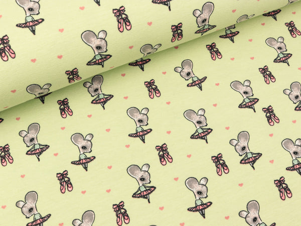 Baumwolljersey Prima Ballerina Mäuse auf Mint