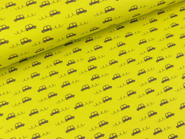 Baumwolljersey Little Cars dunkelgrau auf Lime