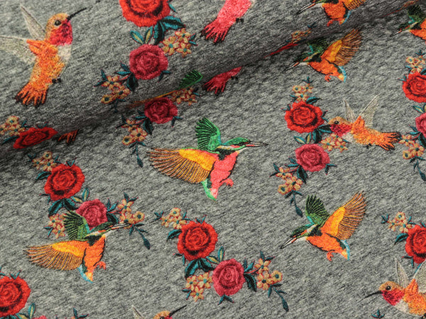 Jacquard Jersey Roses and Birds auf grau meliert Digitalprint
