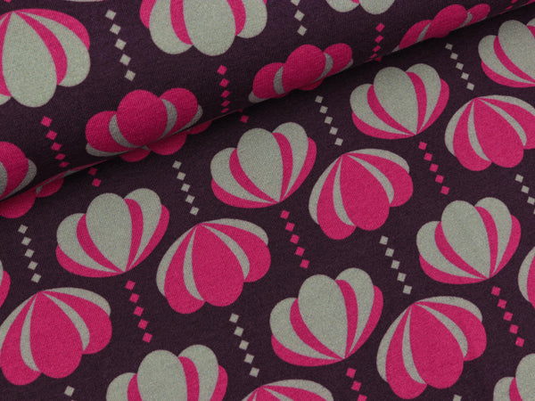 Baumwolljersey Charlotte Blumen pink-grau auf Aubergine