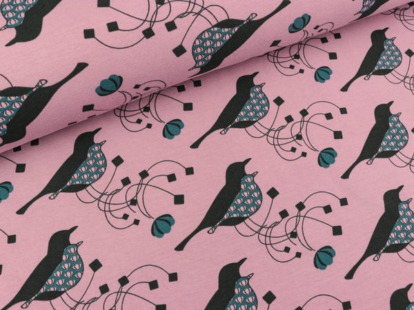 Baumwolljersey Charlotte Vögel petrol-anthrazit auf Altrosa