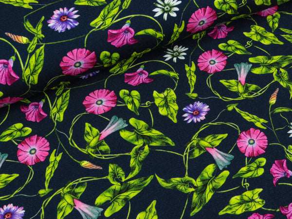 Baumwolljersey Tim Bunte Blumenranken auf Tiefblau