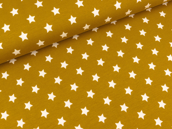 Baumwolljersey Pinstars weiß auf Goldocker