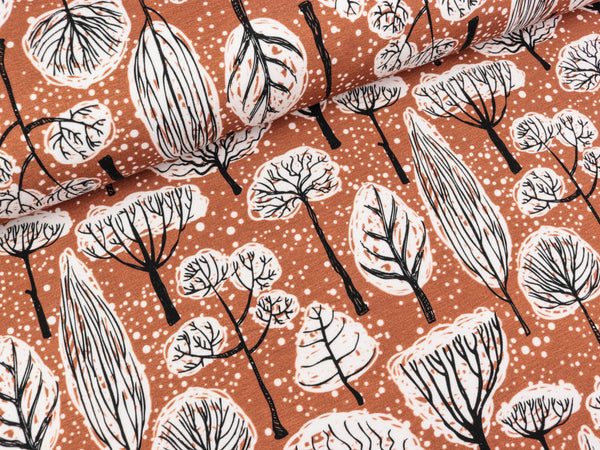 French Terry Patty Winterlandschaft mit Bäumen terracotta