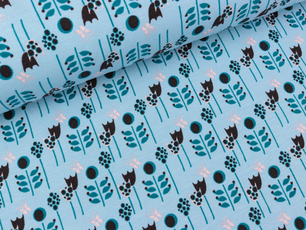 Baumwolljersey Oh Deer! Blumen petrol-schwarz auf Hellblau