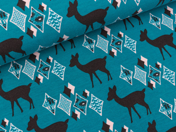 Baumwolljersey Oh Deer! Rehe schwarz auf Petrol