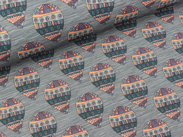 French Terry Hot Air Balloon klein bunt auf blaugrau meliert by Bienvenido Colorido