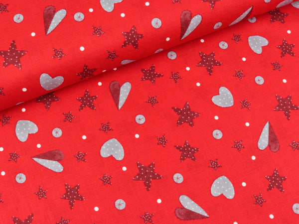 Baumwollstoff Sterne und Herzen dunkelrot-hellgrau auf Rot