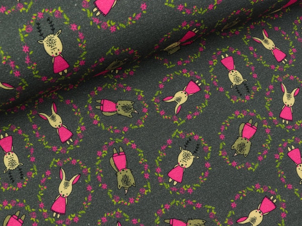 Baumwollsweat Polly Kleine Häschen auf Dunkelgrau