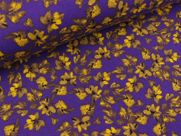 Baumwollsweat Mick Kleine Blüten senfgelb auf Helllila