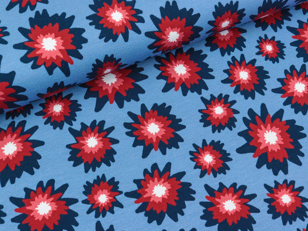 Baumwolljersey Amsterdam Blumen bunt auf Rauchblau by Lila-Lotta FS19