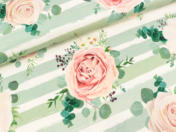 Reststück 25cm - Baumwolljersey Roses auf pastellgrün-creme gestreift