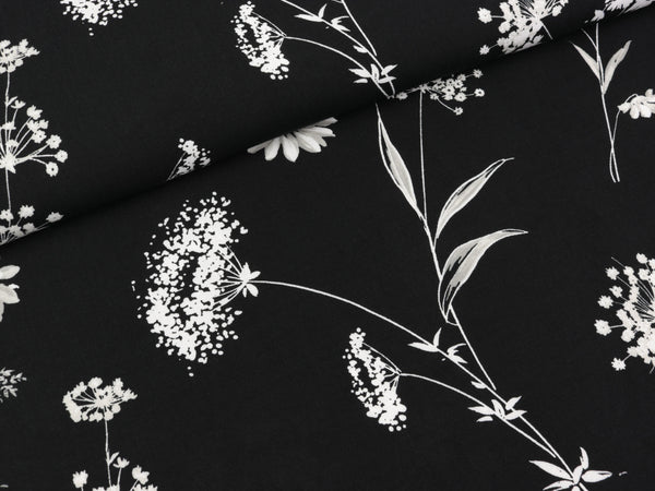 Viskosestoff Gräser und Blumen weiß auf Schwarz