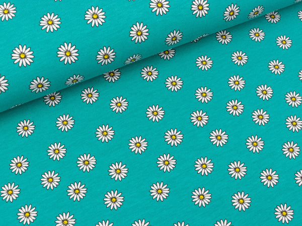 Baumwolljersey Daisy Gänseblümchen weiß auf Türkis