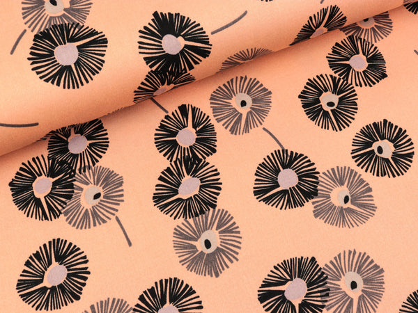 Baumwollsatin Blumen schwarz-taupe auf Apricot