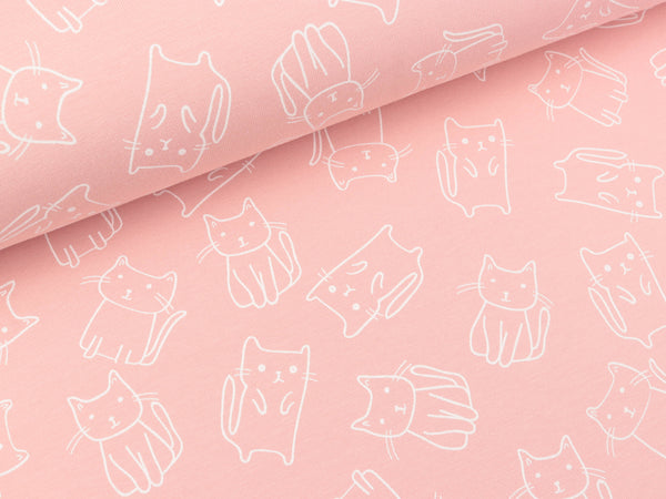 Baumwolljersey Cats weiß auf Salmon