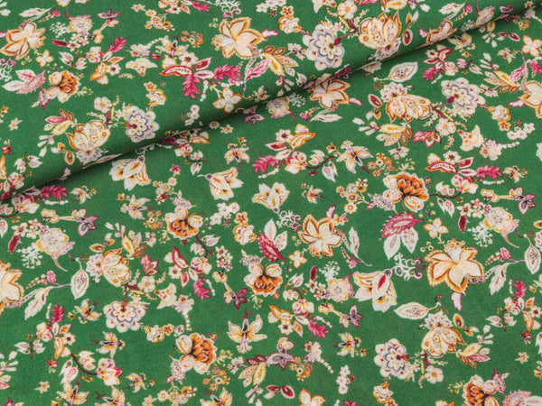 Viskosestoff Mia Blümchen bunt auf Grün