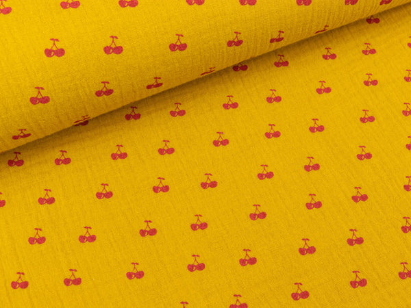Baumwoll Double Gauze Cherry Pop Kirschen rot auf Senfgelb