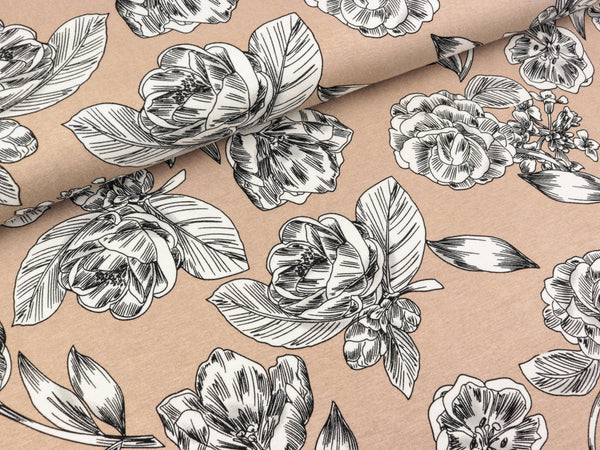 Viskosejersey Blumen weiß-schwarz auf Beige