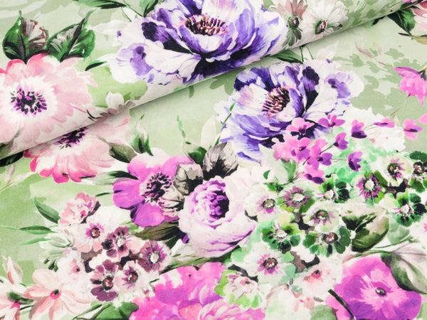 Baumwolljersey Mandy Blumenwiese bunt auf Lindgrün