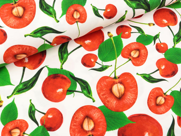 Baumwolljersey Große Kirschen rot auf Weiß