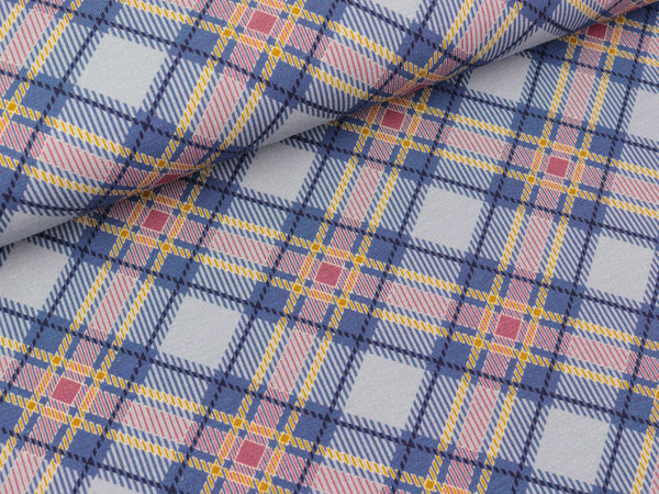 Baumwolljersey Estelle Karomuster rauchblau-senfgelb-bunt