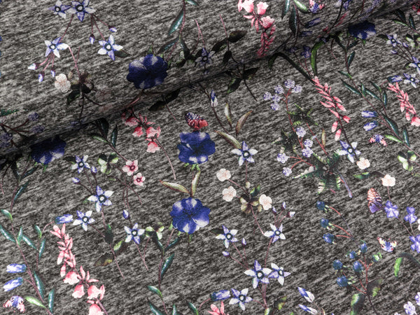 Jersey Folienprint Blumen grey-lila auf dunkelgrau meliert