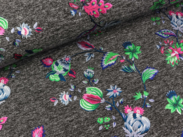 Jersey Folienprint Blumen pink-royal auf dunkelgrau meliert