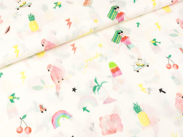 Leichte Baumwoll Webware Moni Beachgirl bunt auf Weiß