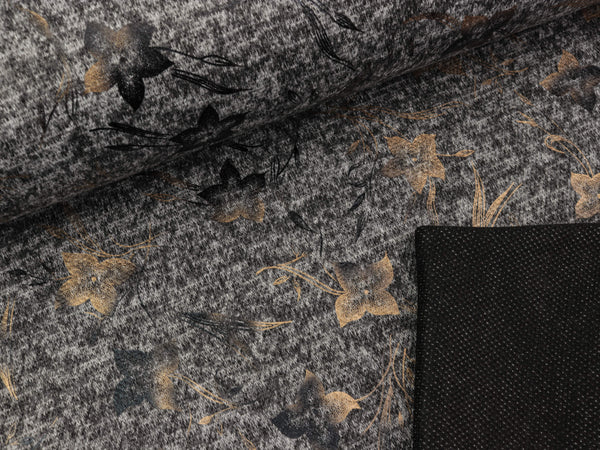 Jersey Folienprint Blumen altgold auf grau meliert