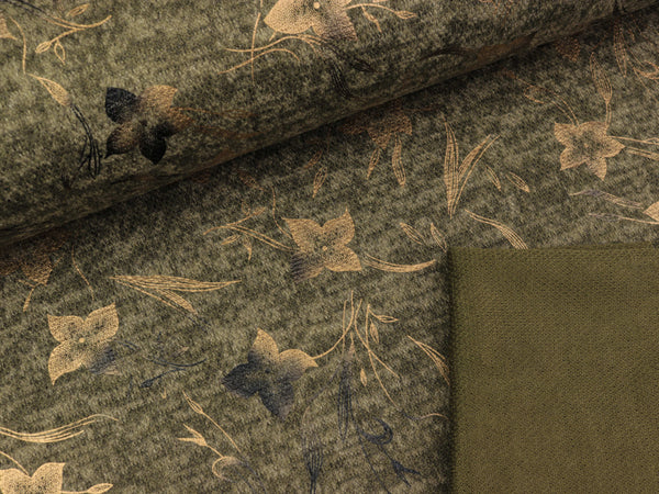 Jersey Folienprint Blumen altgold auf khaki meliert