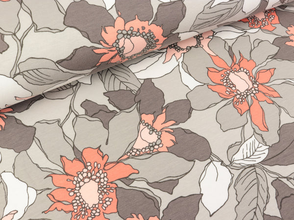 French Terry Blumen koralle-taupe auf Schlamm