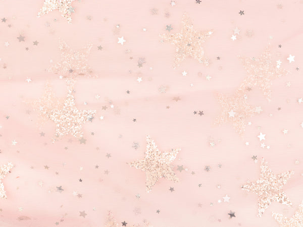 Weicher Feintüll rosa mit silbernen Glitzersternen
