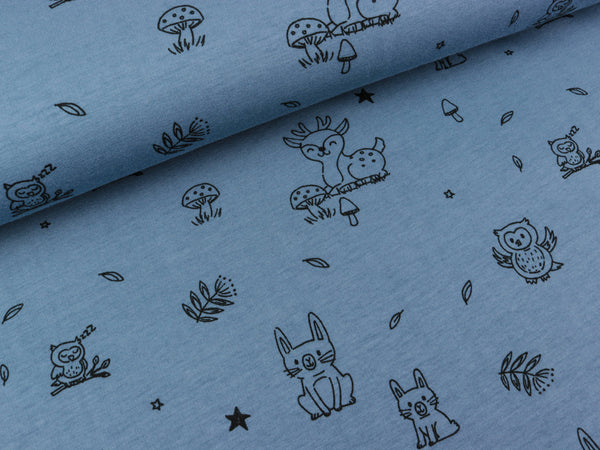 Baumwollsweat Waldtiere schwarz auf Rauchblau
