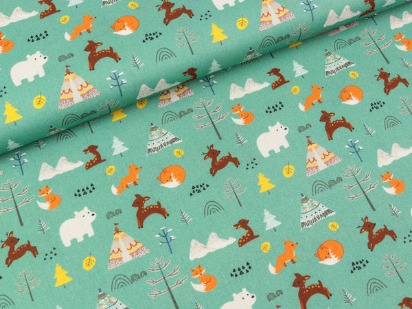 Baumwoll Webware Kim Waldtiere bunt auf Mint