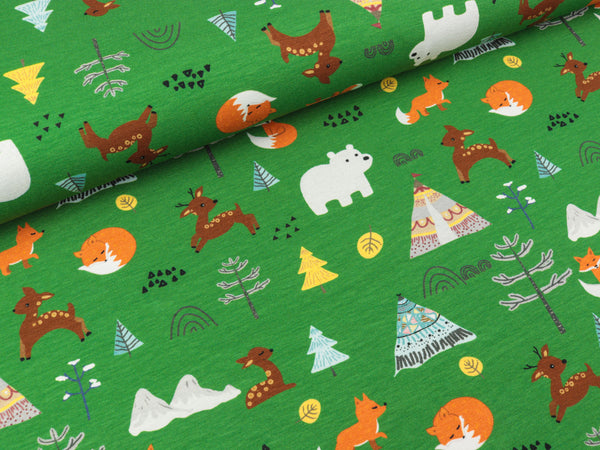 Baumwolljersey Luke Waldtiere bunt auf Grün